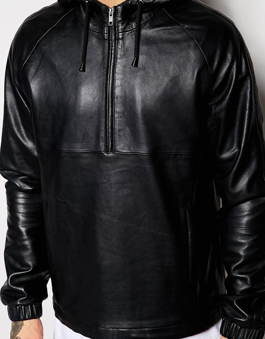 ASOS Leather Hooded Pullover Jacket in Black for Men | Lyst