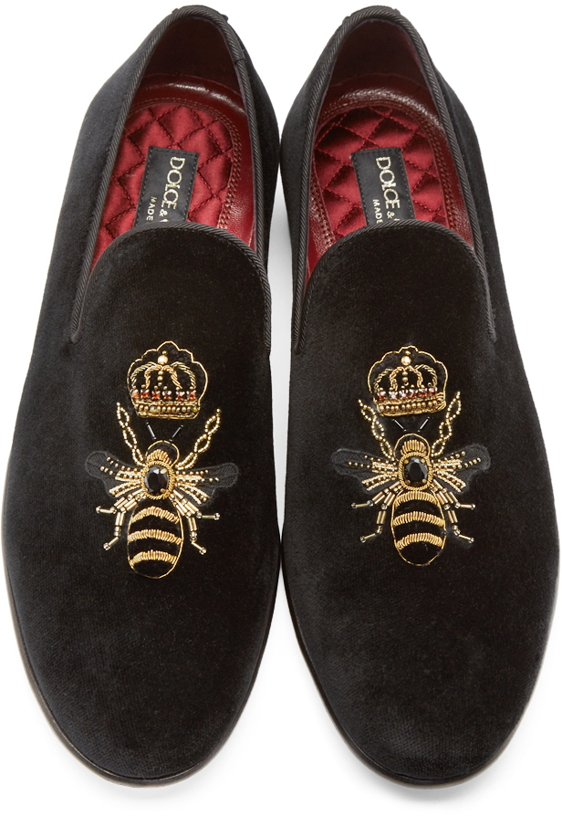Dolce & Gabbana Black Velvet Bee And Crown Slippers for Men | Lyst