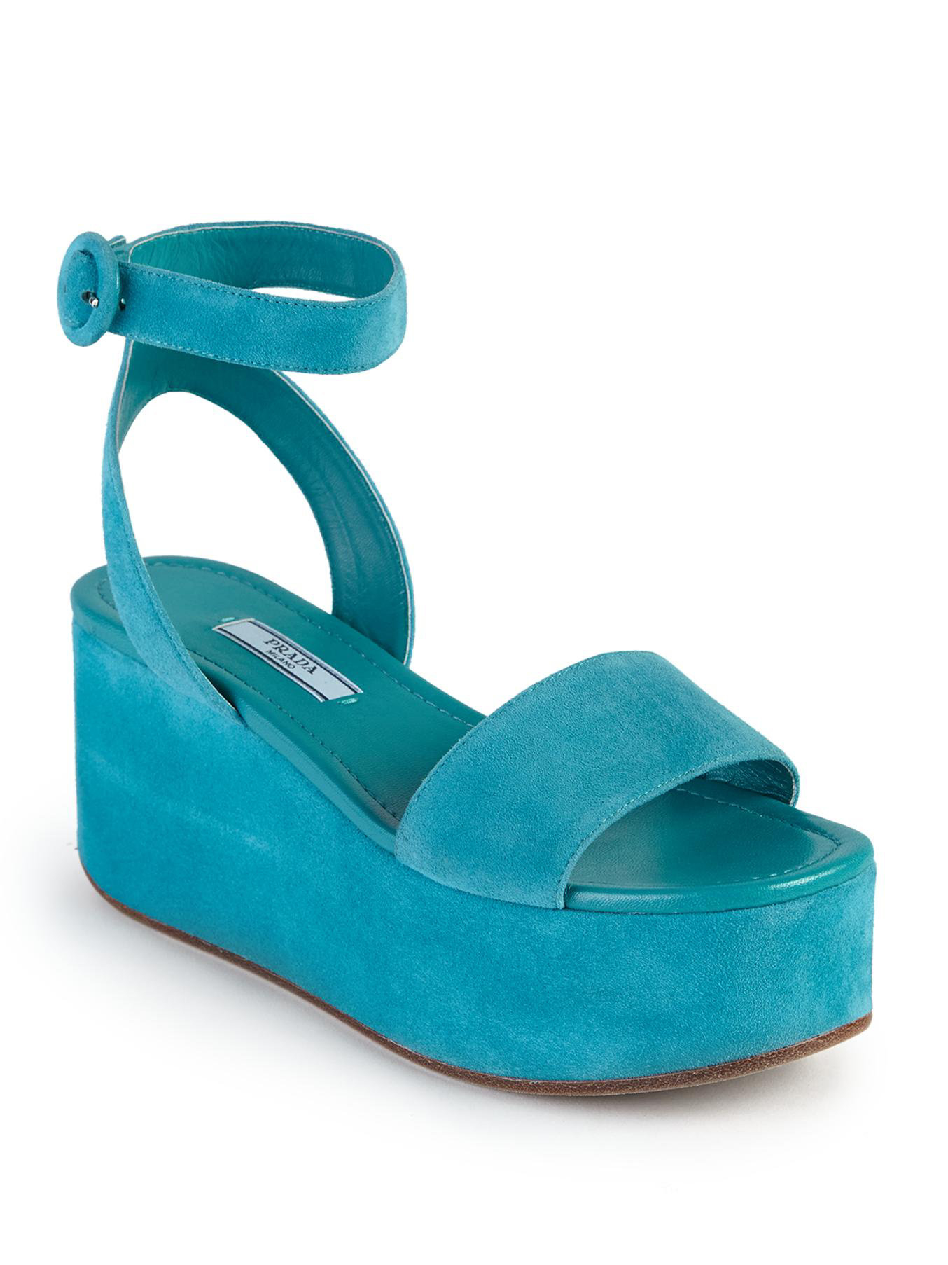 Prada Suede Platform Wedge Sandals in Blue | Lyst