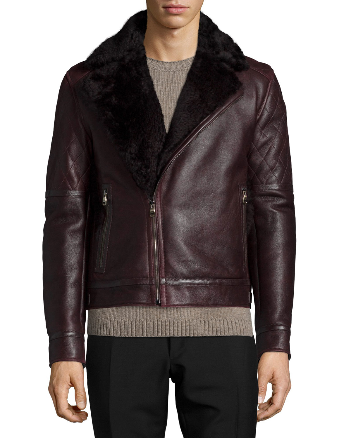 Lyst - Ferragamo Shearling-collar Leather Moto Jacket in Brown for Men