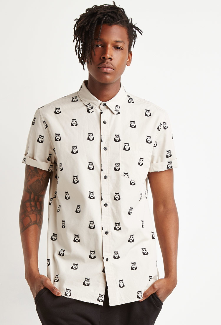Cotton Raccoon Print Pocket Shirt 