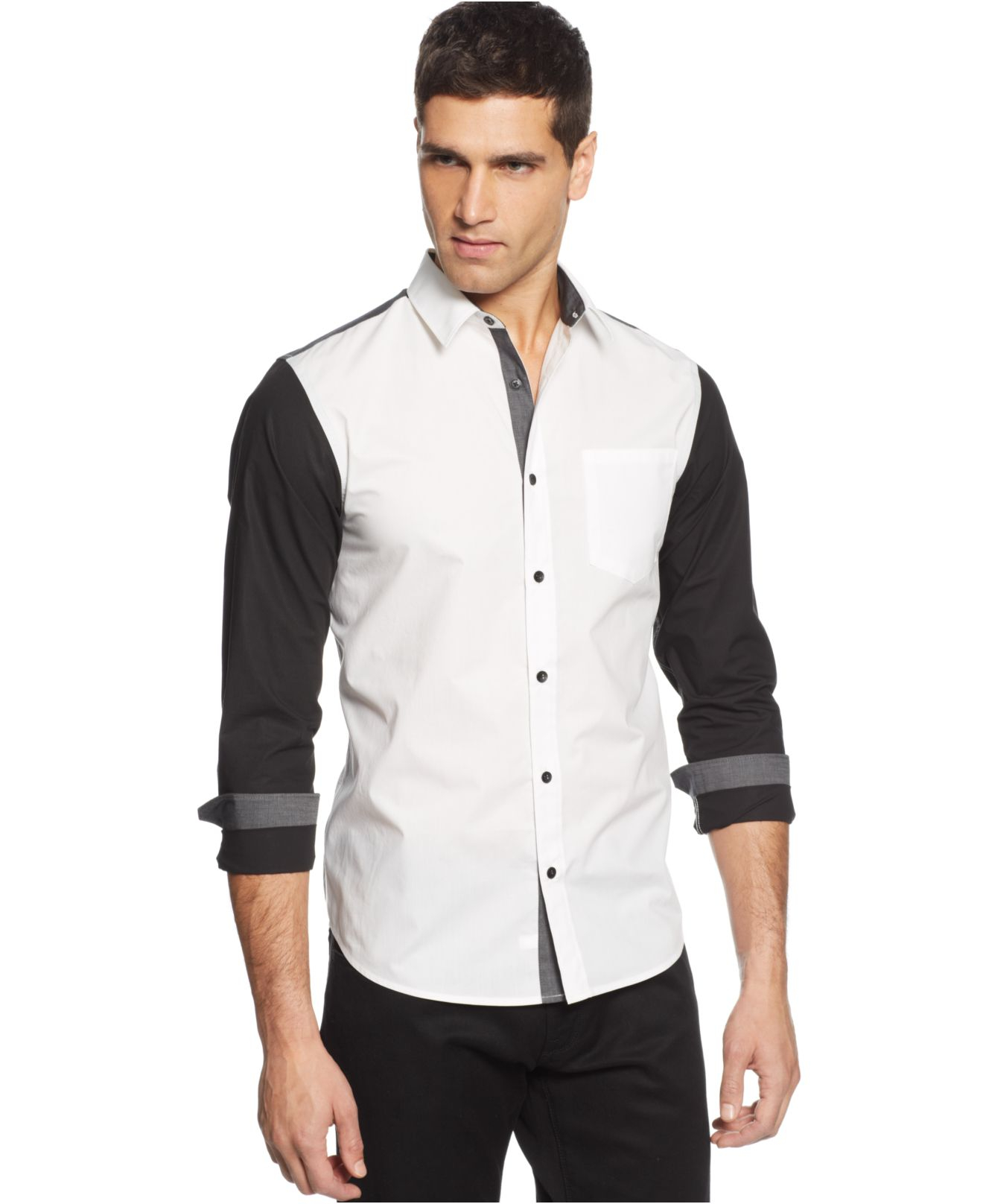 Guess Colorblocked Long-Sleeve Shirt in Black for Men | Lyst