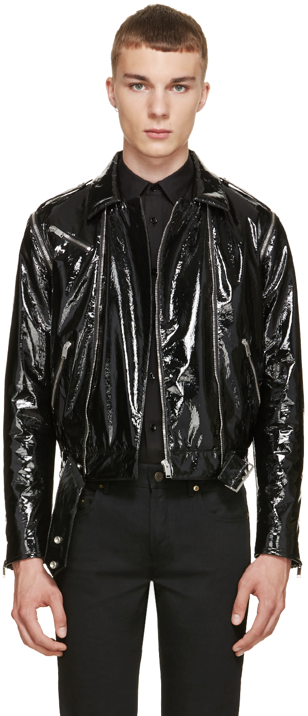 Saint Laurent Black Patent Leather Biker Jacket for Men - Lyst