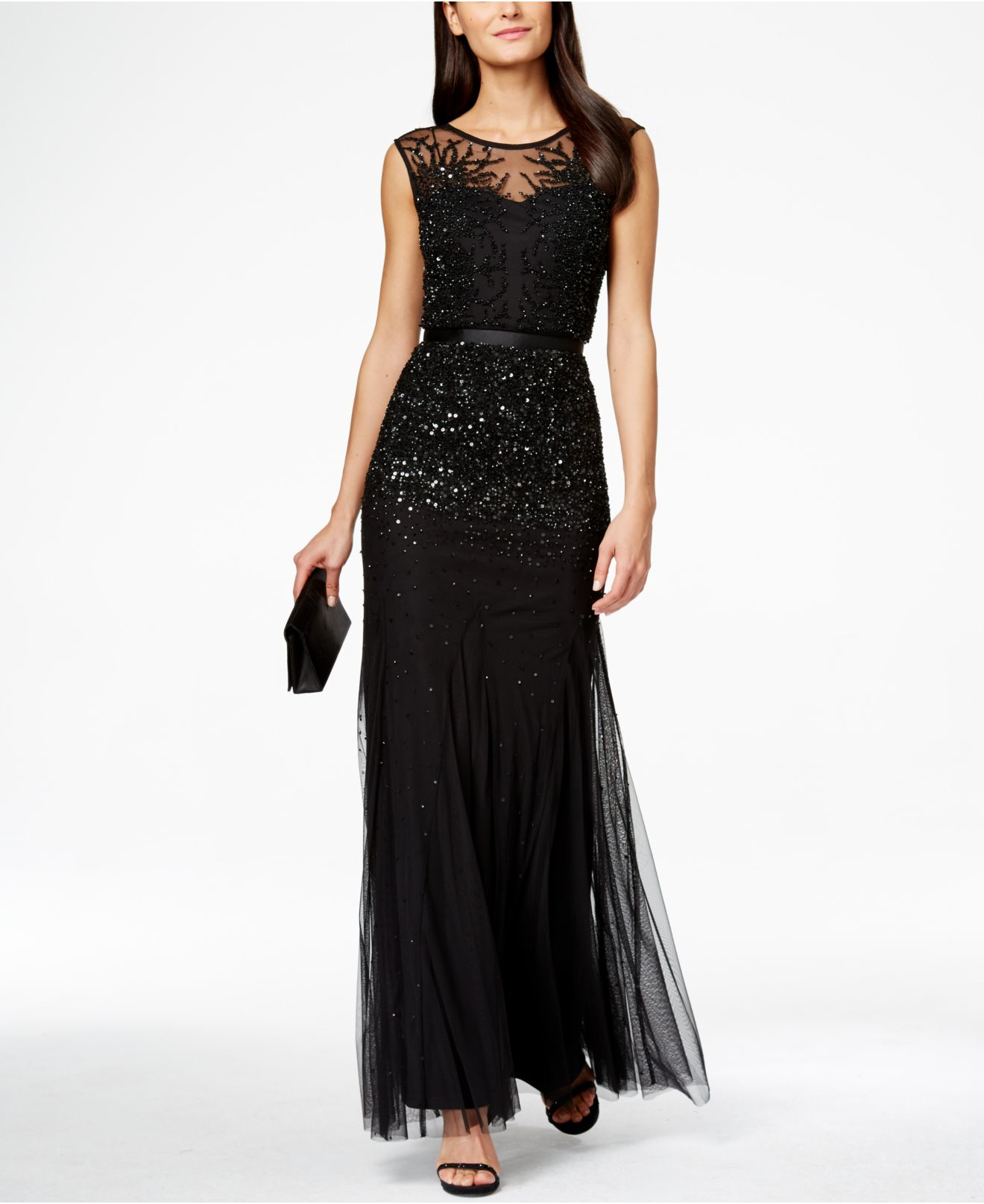 apagado Rectángulo cabina Adrianna Papell Sleeveless Beaded Illusion Gown in Black | Lyst