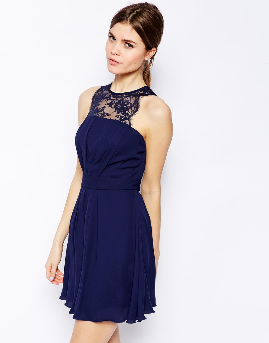 Elise Ryan Skater Dress With Scallop Lace Trim in Navy (Blue) - Lyst