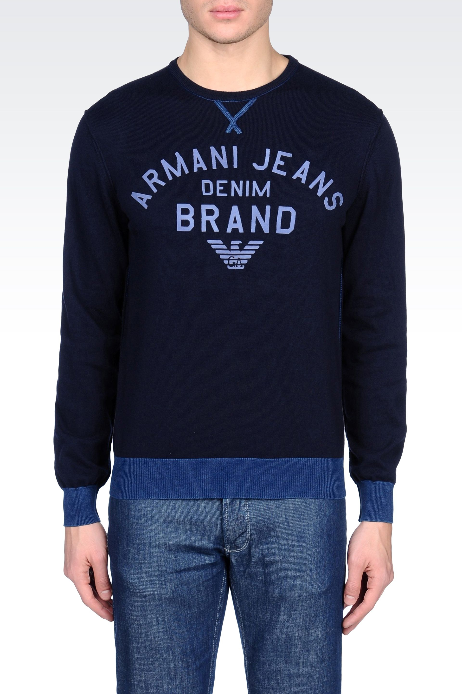 Lyst - Armani jeans Crew Neck Cotton Sweater with Logo in Blue for Men