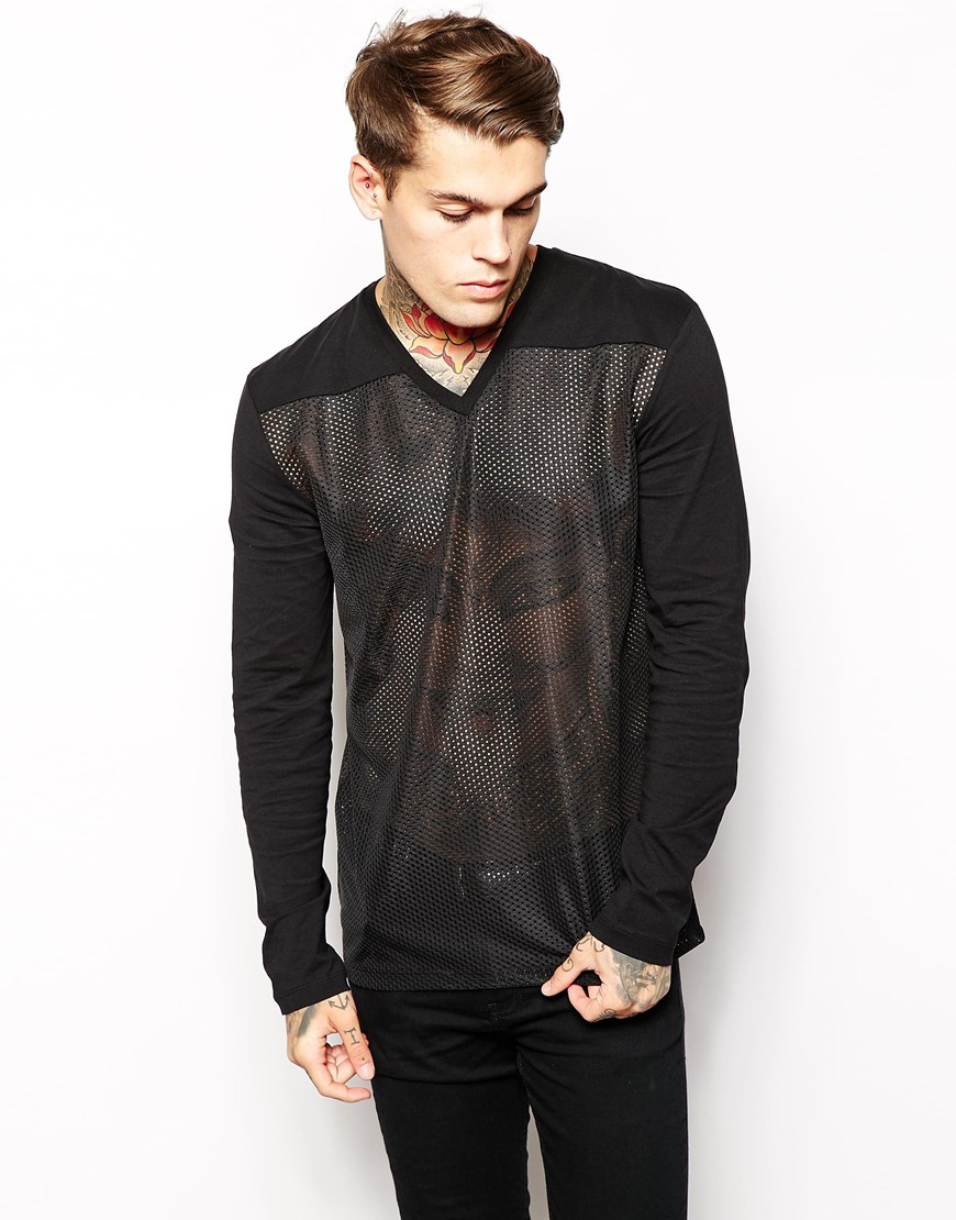 Asos Oversized Long Sleeve T-Shirt with Mesh Panel and V-Neck in Black ...