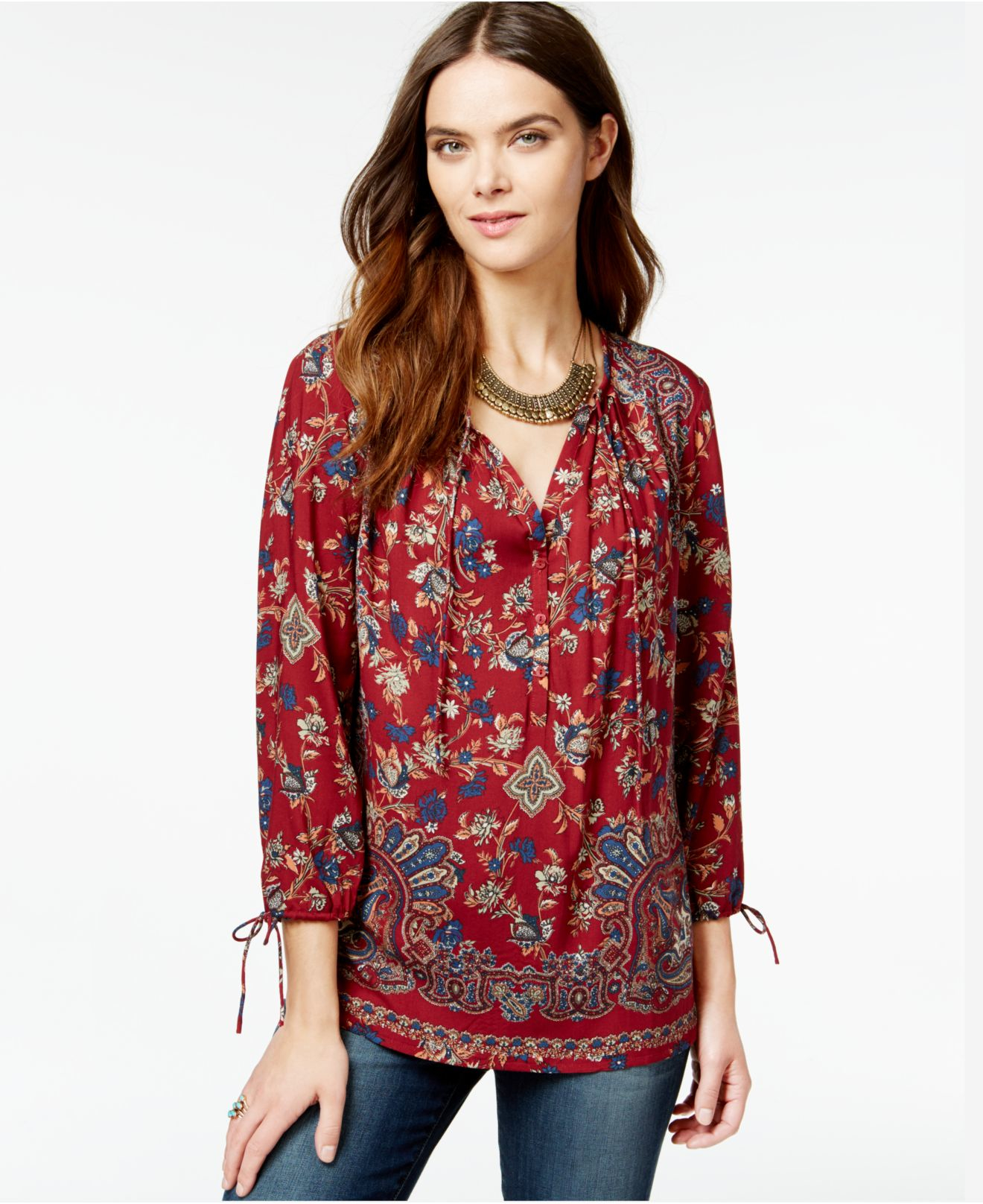 Lucky Brand Lucky Brand Three-quarter-sleeve Printed Peasant Blouse in ...
