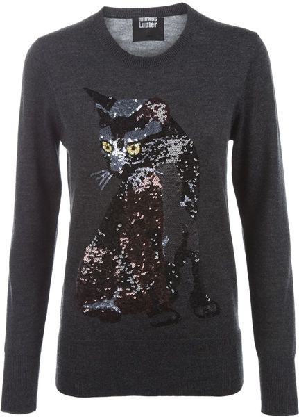 Markus Lupfer Sequin Cat Sweater in Gray (grey) | Lyst