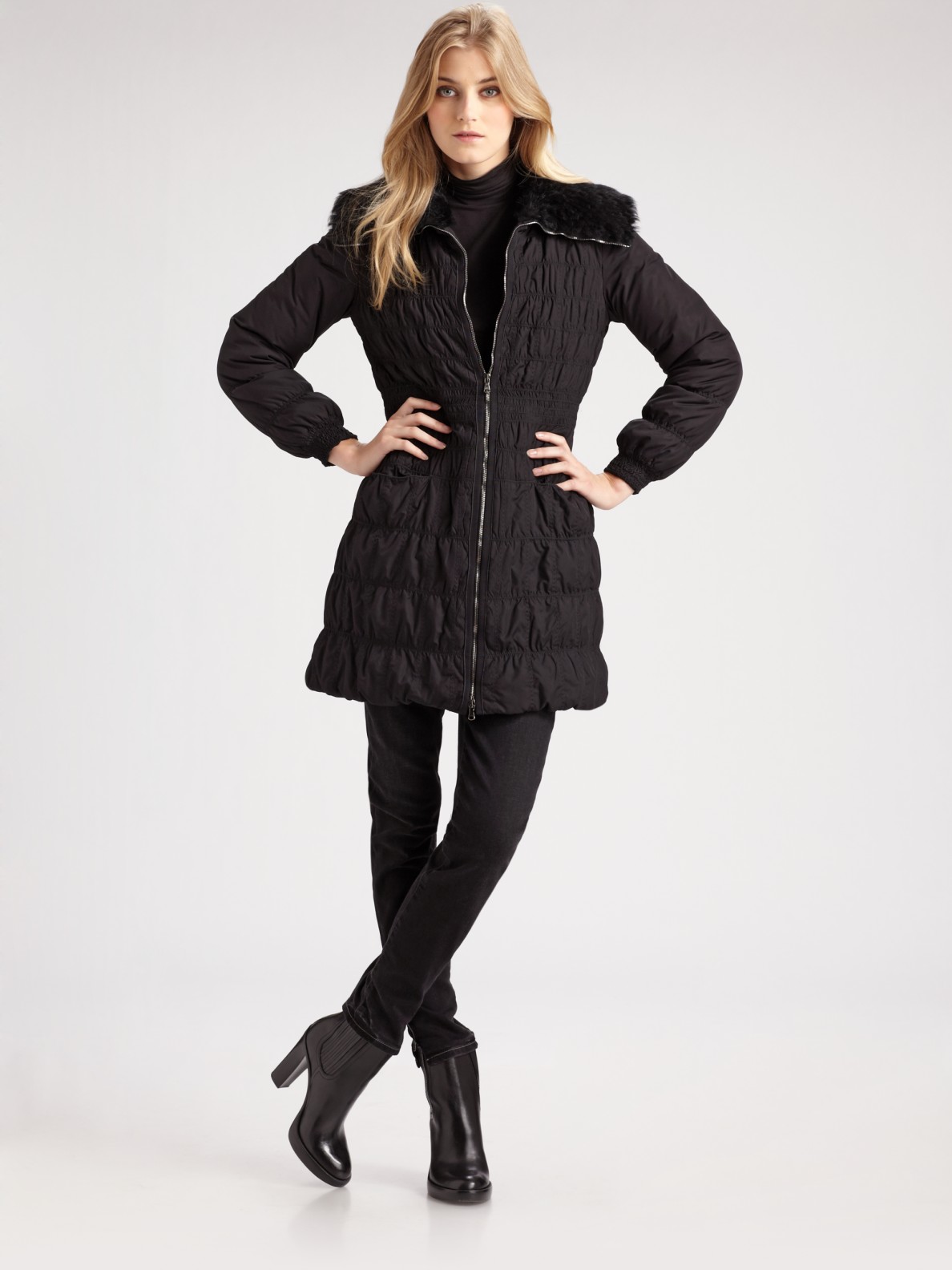 Elie tahari Fur-trimmed Ruched Coat in Black | Lyst