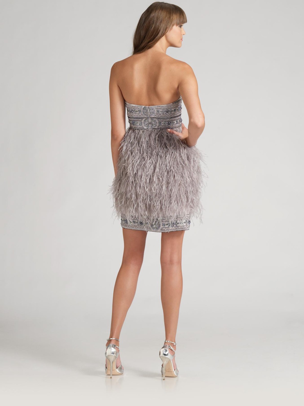Lyst - Sue Wong Feathered Cocktail Dress in Gray