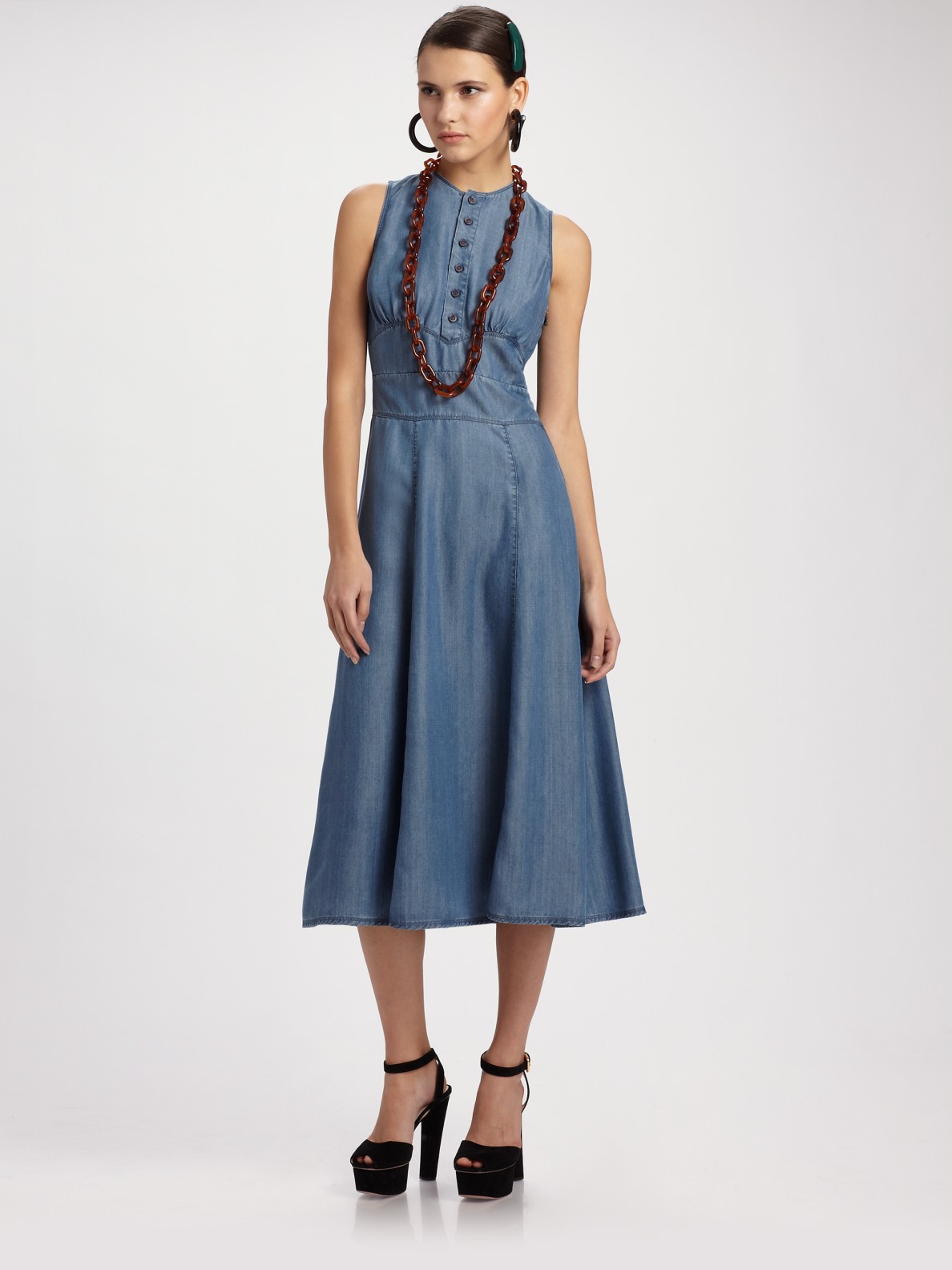 Lyst Prada Denim Sleeveless Long Dress in Blue