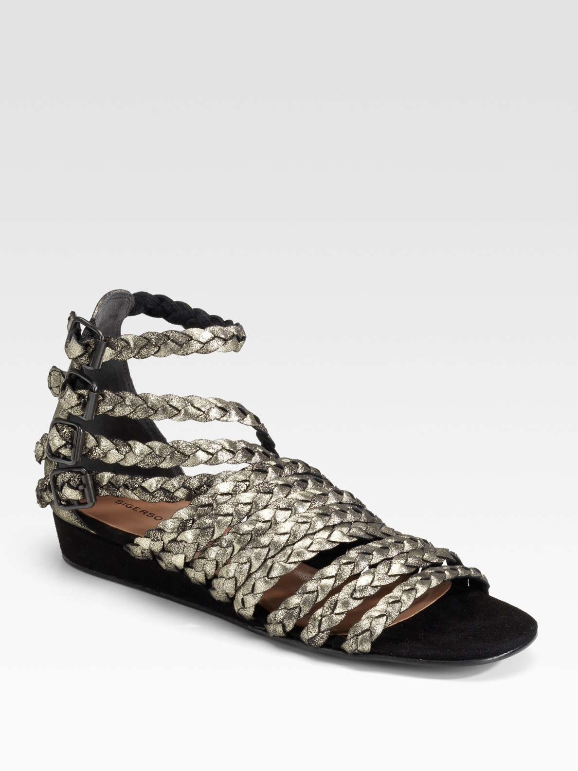 Sigerson morrison Metallic Leather Braided Flat Sandals in Black | Lyst