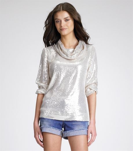 Tory Burch Sequin Turtleneck in Silver (gold) | Lyst
