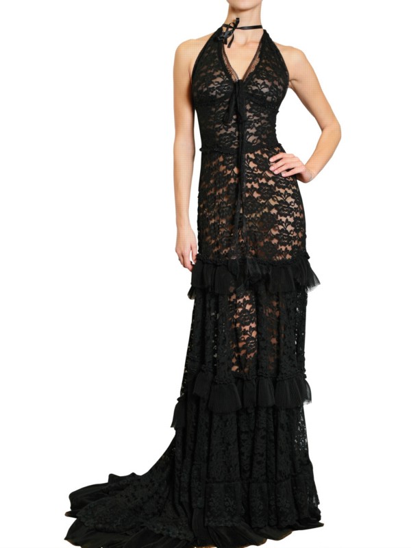 John richmond Long Lace Dress in Black | Lyst