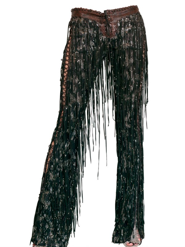 Roberto Cavalli Fringed Suede and Sequin Leather Trousers in Brown | Lyst