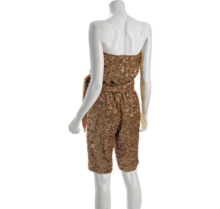 Lyst Halston Gold Sequined Belted Strapless Romper in Metallic