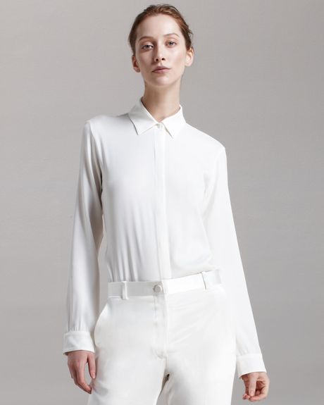 The Row Long-sleeve Stretch-silk Blouse in White | Lyst