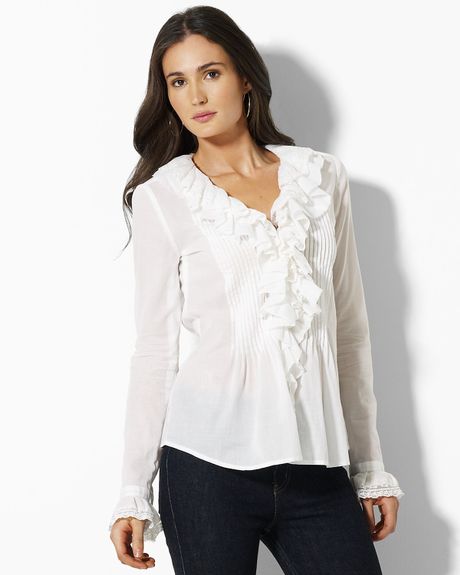 Lauren By Ralph Lauren Betting Long-sleeve Ruffle Shirt in White | Lyst
