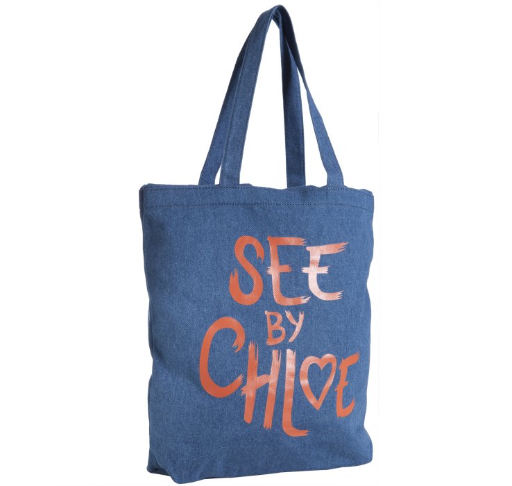 See by chlo Blue Denim Logo Print Drawstring Tote in Blue | Lyst