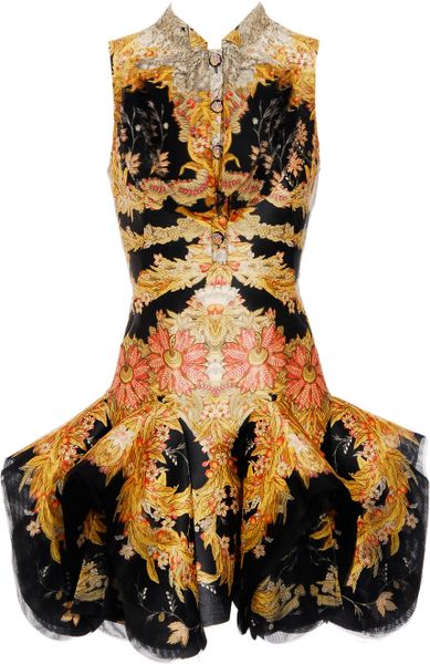 Alexander Mcqueen Printed Silk Dress with Structured Godet Skirt in ...