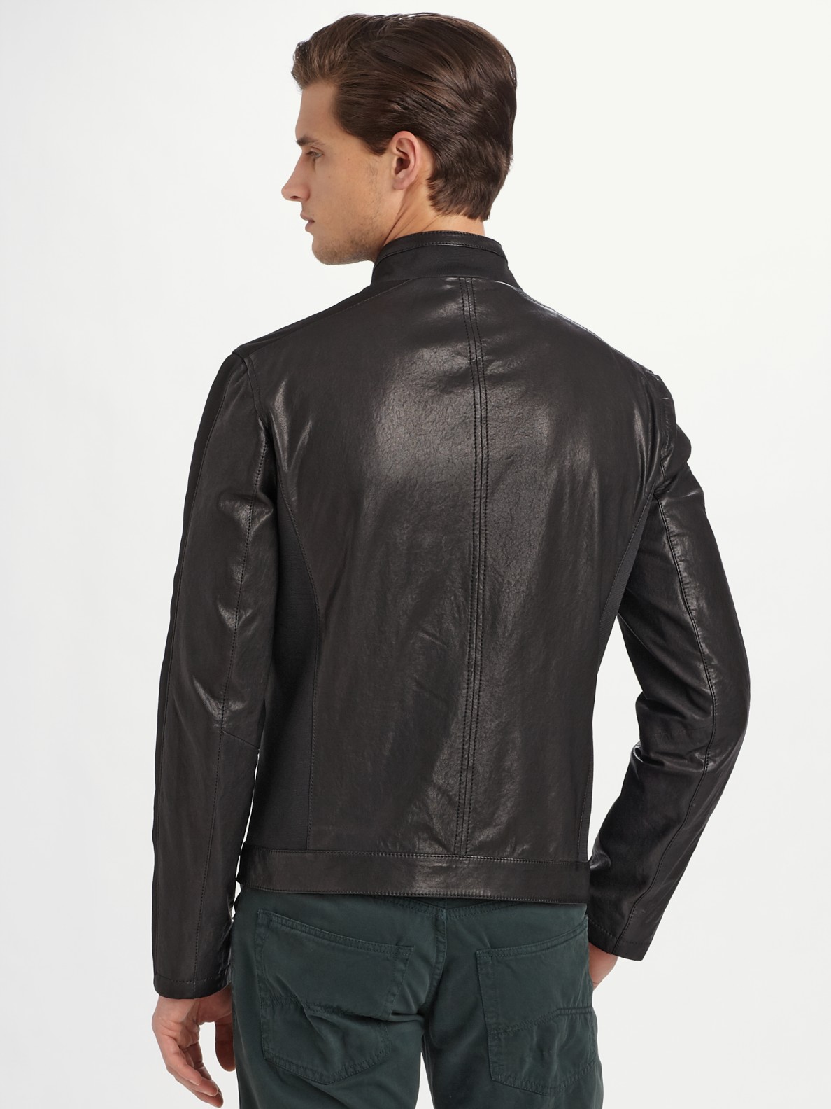 Armani Knit-trim Leather Jacket in Black for Men - Lyst
