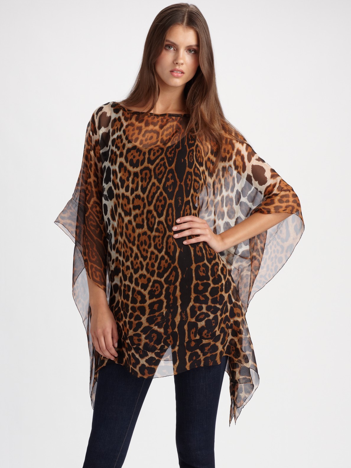 Saint Laurent Silk Leopard Print Poncho in Natural - Lyst