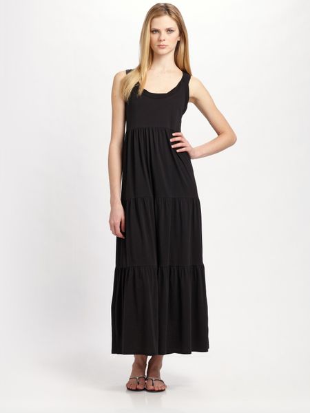 Dkny Sheer Cotton Jersey Tiered Maxi Dress in Black | Lyst
