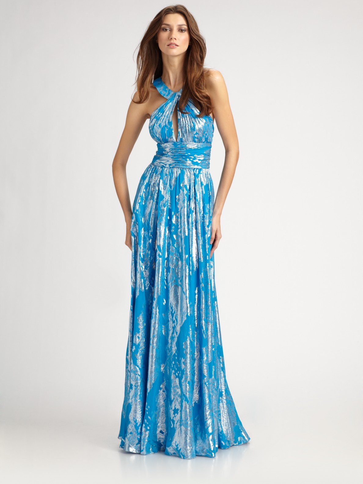 Aidan Mattox Silk Foil Keyhole Dress in Blue - Lyst