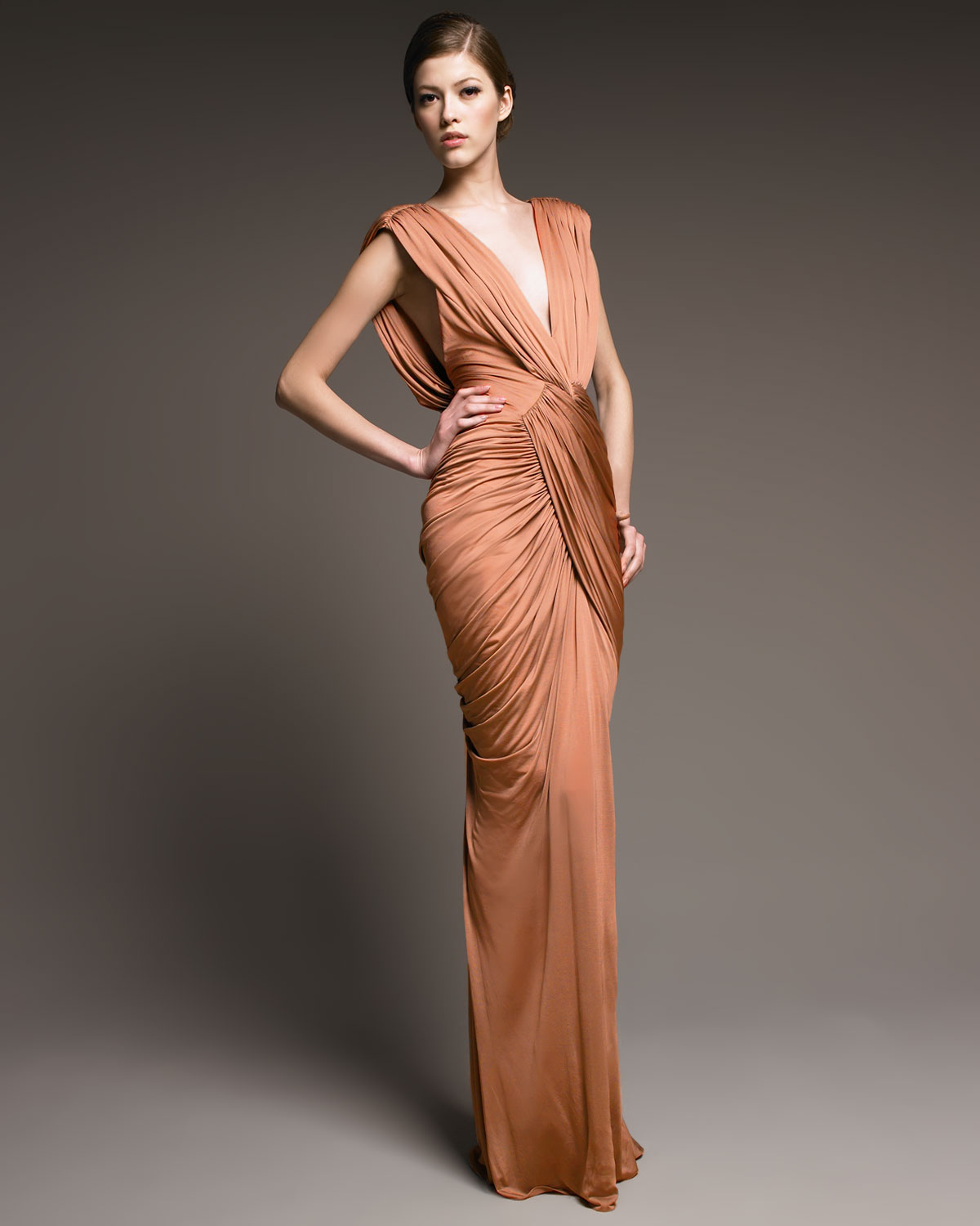 J. Mendel Ruched Jersey Gown in Desert 