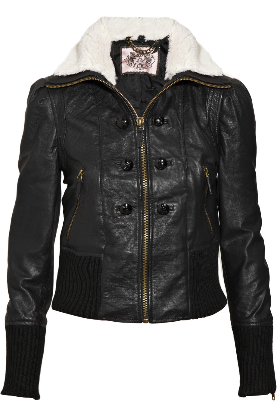 Juicy Couture Shearling-trimmed Leather Bomber Jacket in Black - Lyst