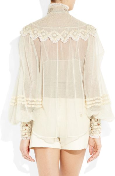 Ralph Lauren Collection Therese Embellished Silk-tulle Blouse in Beige ...
