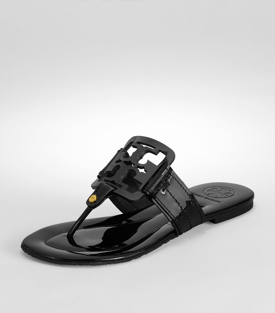 Tory Burch Square Miller Patent Leather Thong Sandals in Black | Lyst