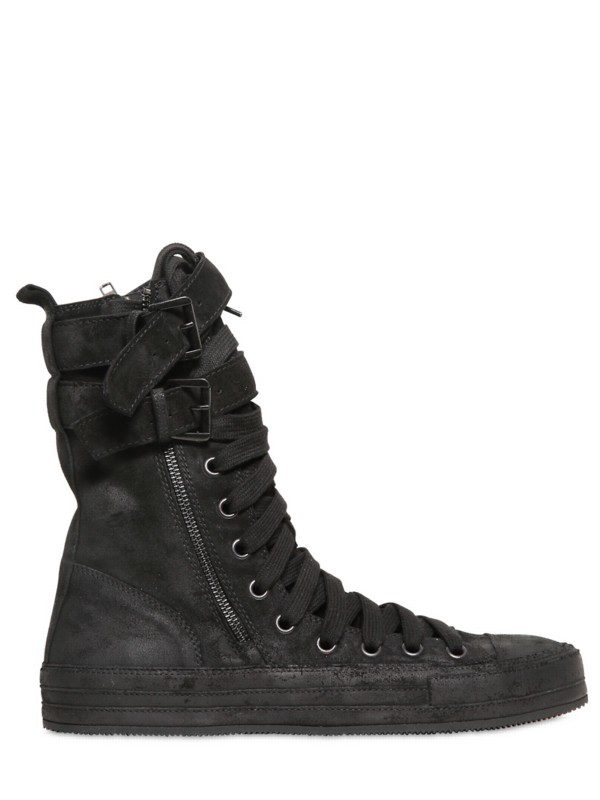 Ann Demeulemeester Waxed Suede Laced Sneakers in Black for Men - Lyst
