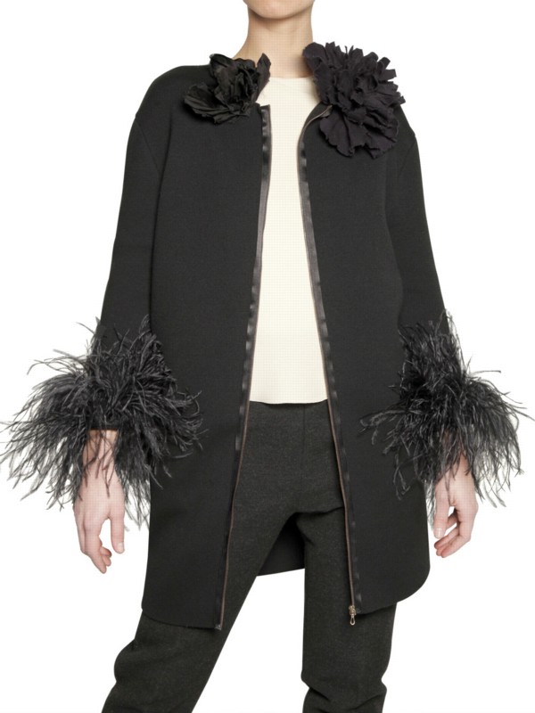Lanvin Ostrich Feather Cuffs Wool Knit Coat in Black - Lyst