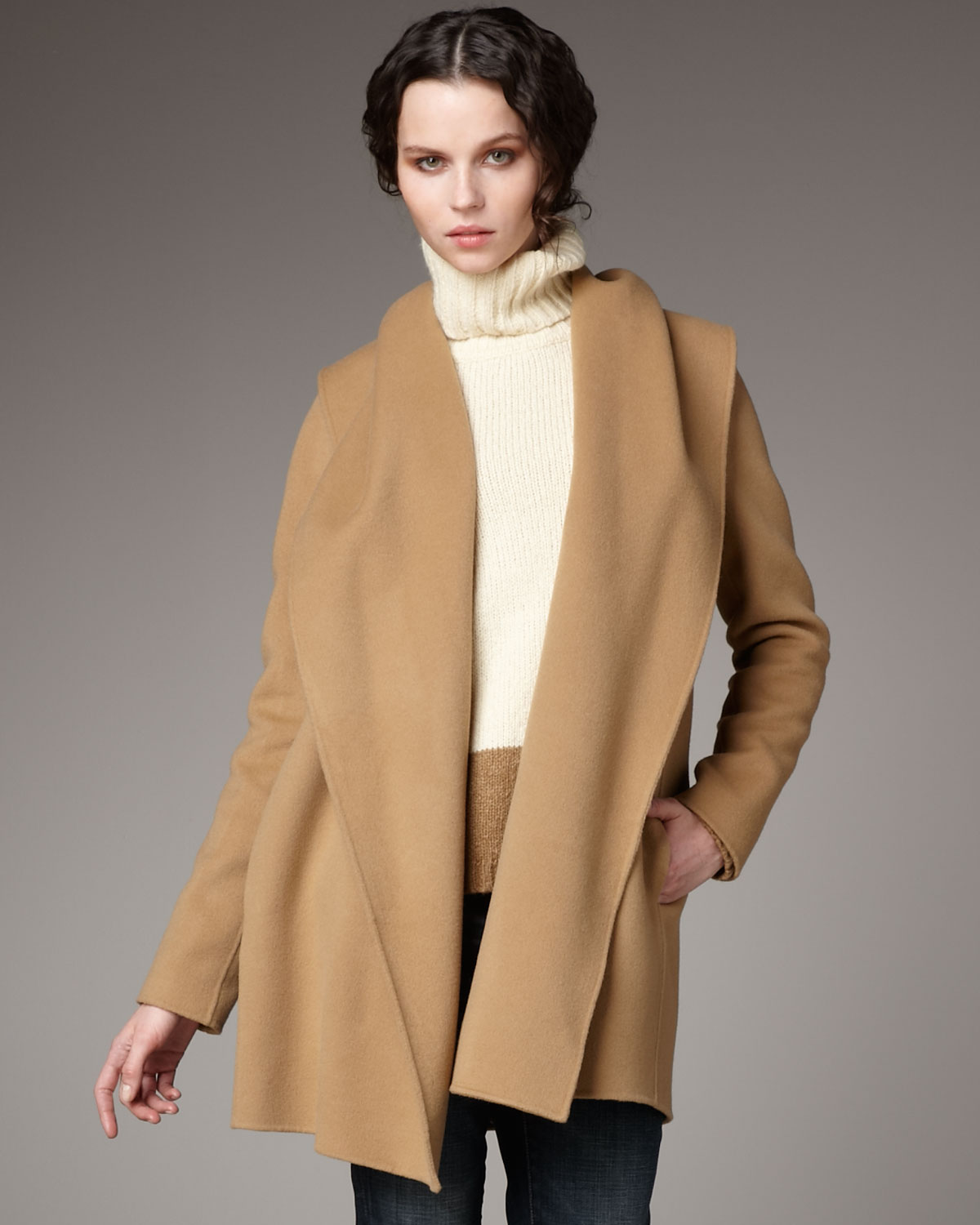 Vince Hooded Drape Coat In Camel Brown Lyst