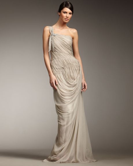 Vera Wang Lavender One-shoulder Ruched Gown in Beige | Lyst