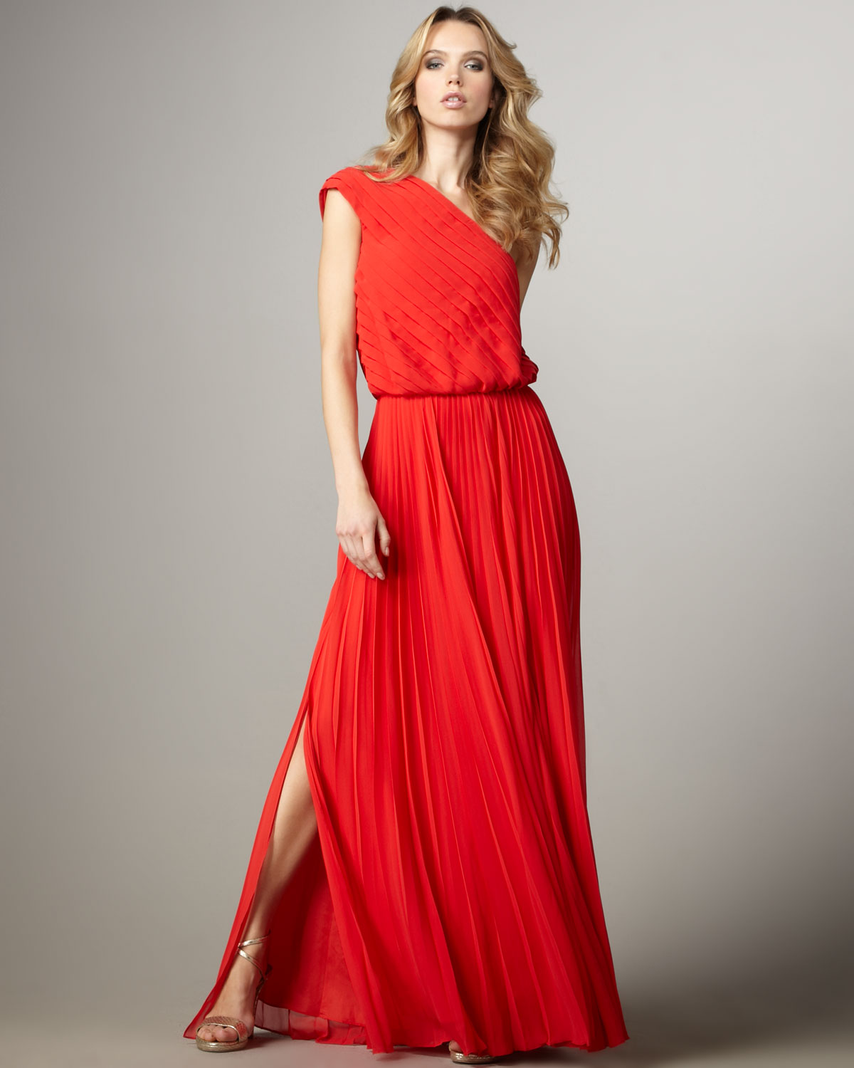 Halston One-shoulder Pleated Dress in Red - Lyst