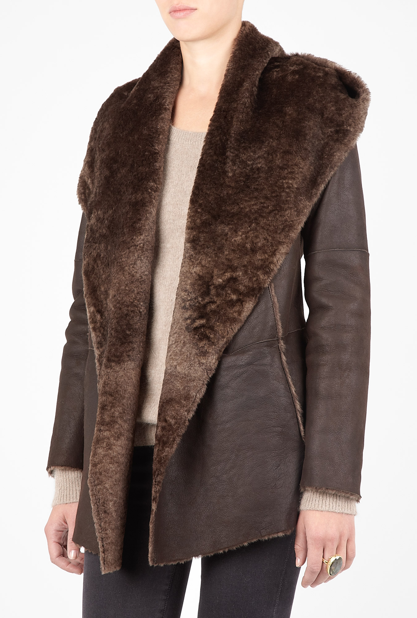 Vince Hooded Shearling Coat in Brown | Lyst