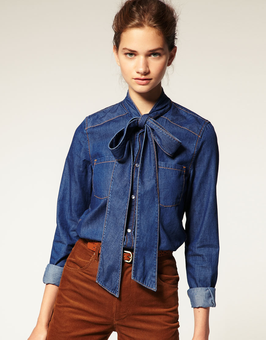 ASOS Collection Asos Pussy Blouse in Blue | Lyst