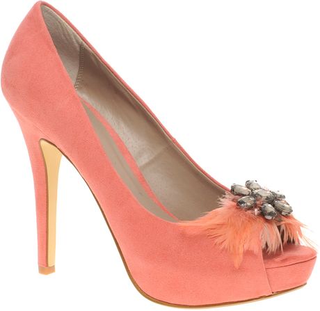 Asos Asos Primrose Feather Jewel Peep Toe Court Shoes in Pink (coral ...