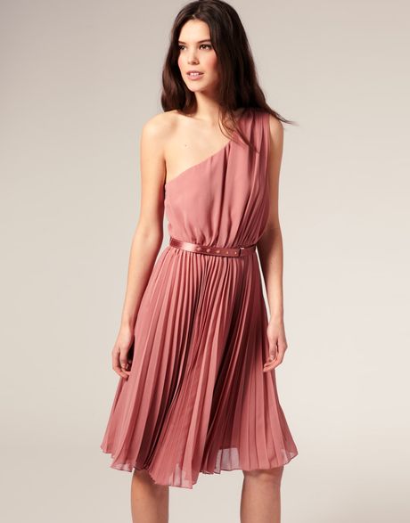 Mango One Shoulder Pleat Dress in Pink | Lyst