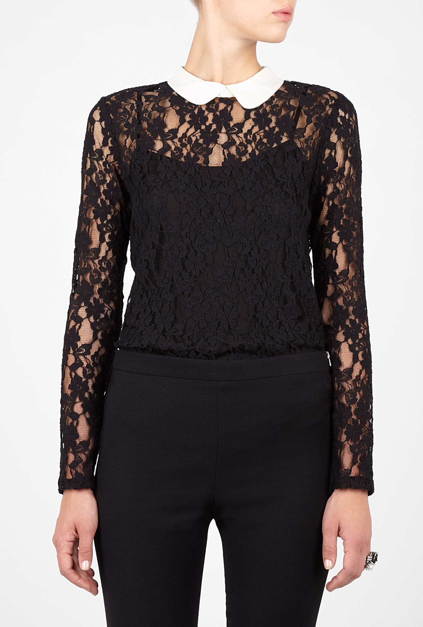Dkny Black Lace Contrast Collar Blouse in Black | Lyst