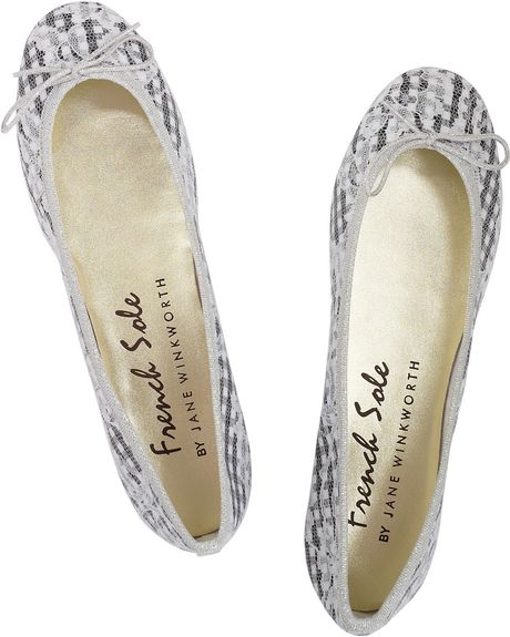 French Sole Harriet Lace and Twill Ballerina Flats in Gray (white) | Lyst