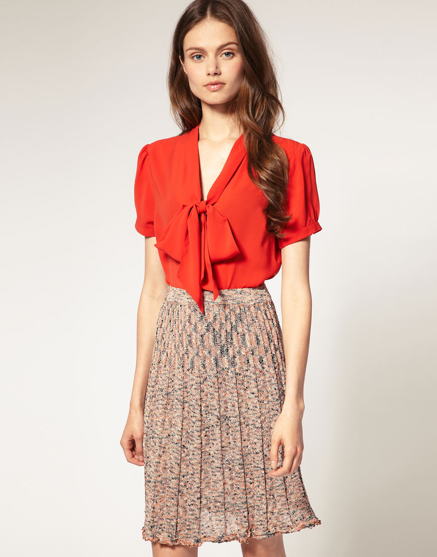 Asos collection Asos Pussybow Short Sleeve Blouse in Red | Lyst