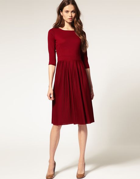 Asos Collection Asos Pleated Midi Dress with 3/4 Sleeves in Red ...