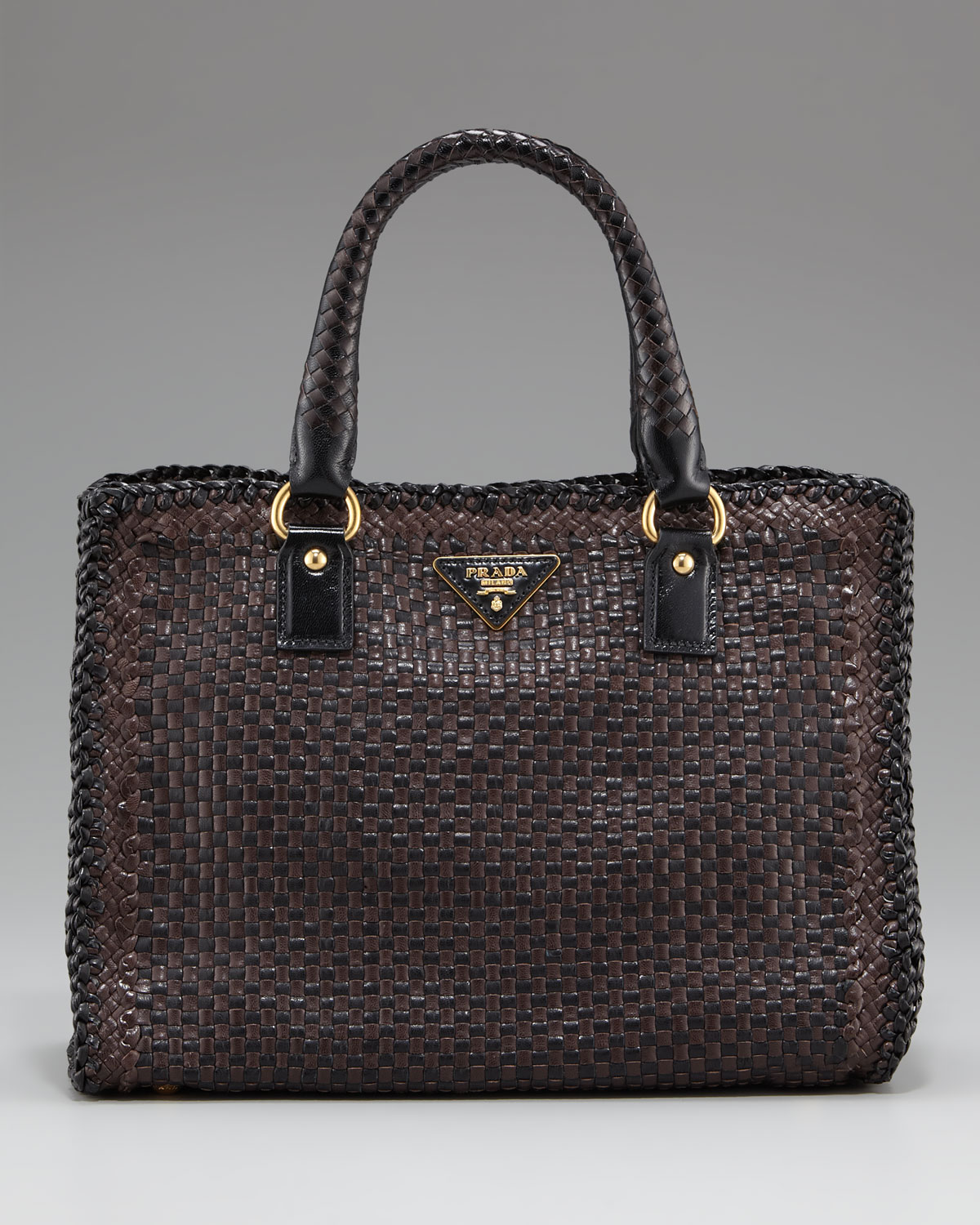 Prada Madras Woven Double-handle Tote in Brown - Lyst