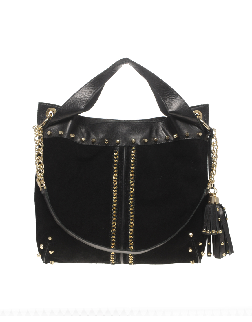 River island Suede Chain Detail Hobo Bag in Black | Lyst