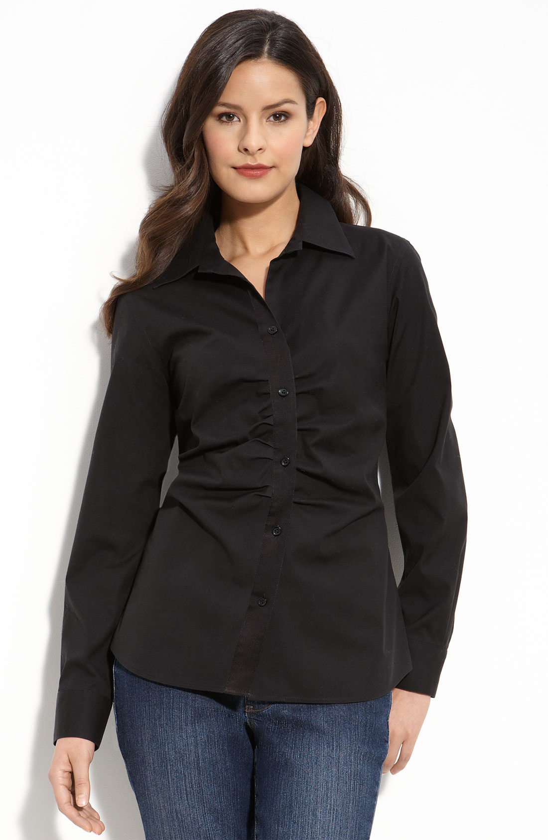 Foxcroft Long Sleeve Ruched Shirt in Black | Lyst