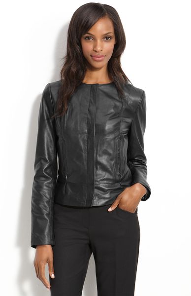 Tahari Collarless Leather Jacket (petite) in Black | Lyst